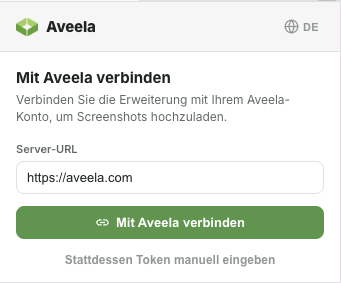 Tragen Sie im Feld Server-URL die Adresse Ihrer Aveela-Instanz ein und klicken Sie auf Mit Aveela verbinden. Alternativ können Sie den Token manuell eingeben.