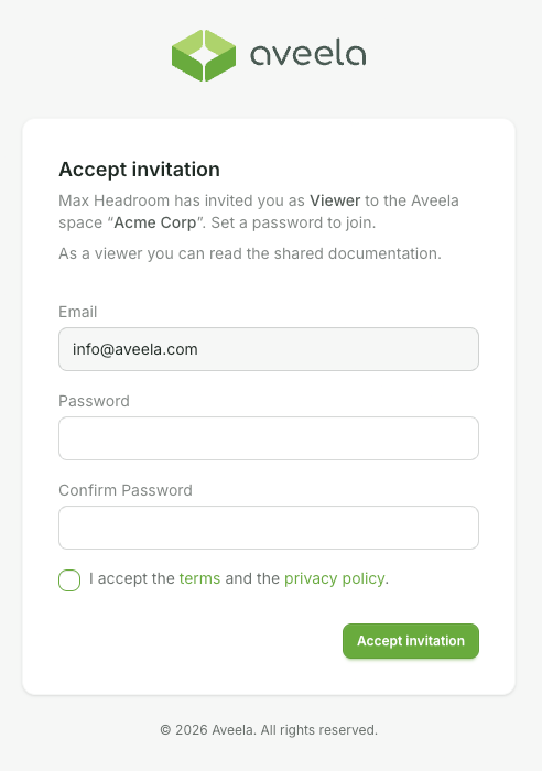 Enter your desired password in the Password field and confirm it in the Confirm Password field. Check the box for I accept the Terms and Conditions and the Privacy Policy, then click Accept Invitation.