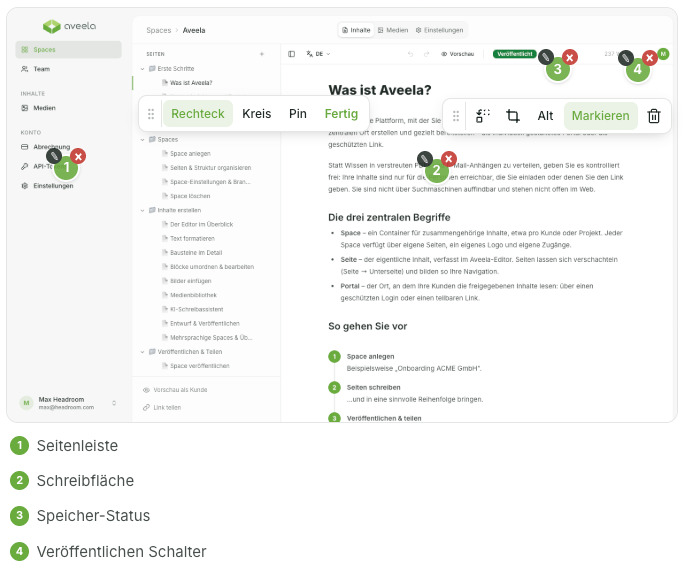 Klicken Sie in der Bild-Werkzeugleiste auf Markieren, um den Markier-Modus zu öffnen. Nutzen Sie die Werkzeugpalette, um ein Rechteck, einen Kreis oder einen Pin auf dem Bild zu platzieren. Geben Sie bei Bedarf eine Beschriftung ein oder fügen Sie eine Legende für nummerierte Pins hinzu. Beenden Sie den Modus mit Fertig.