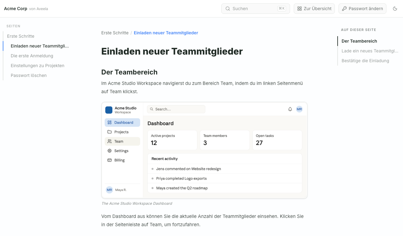Klicken Sie in der Seitenleiste auf Team, um zum Team-Bereich zu navigieren. Im Dashboard sehen Sie die aktuelle Anzahl der Teammitglieder sowie weitere Informationen zu Projekten und Aufgaben.