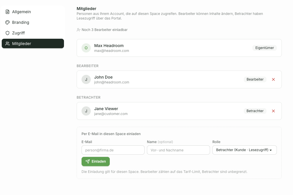 Wählen Sie im Menü links Mitglieder aus, um die Teamverwaltung zu öffnen. Tragen Sie im Feld Per E-Mail in diesen Space einladen die E-Mail-Adresse, optional den Namen und die Rolle ein und klicken Sie auf Einladen. Die Liste zeigt alle Mitglieder mi...