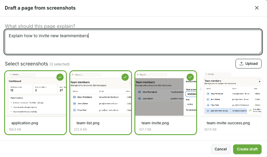 Upload at least four screenshots and describe the purpose of the page in the field "What should be explained on this page?" Then start the design with "Create design."