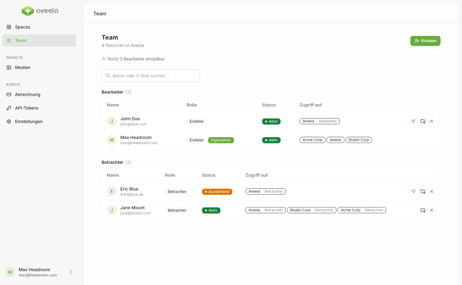 Wählen Sie im Menü links Mitglieder aus, um die Teamverwaltung zu öffnen. Tragen Sie im Feld Per E-Mail in diesen Space einladen die E-Mail-Adresse, optional den Namen und die Rolle ein und klicken Sie auf Einladen. Die Liste zeigt alle Mitglieder mit Rolle und Status an, Bearbeiter können Sie über das X-Symbol entfernen.