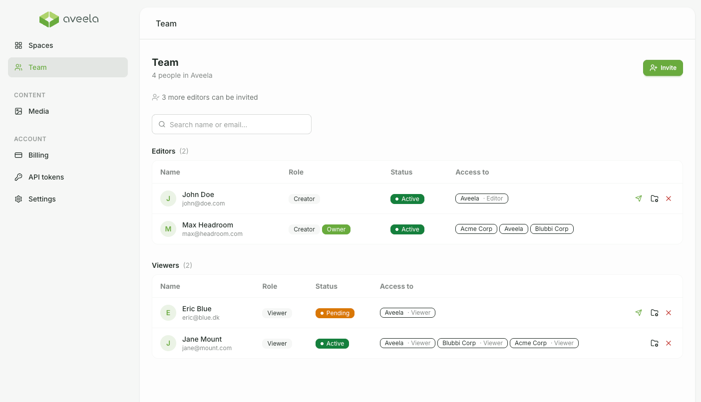 Select Members from the menu on the left to open team management. In the field "Invite to this Space by email," enter the email address, optionally the name and role, and click Invite. The list displays all members with their roles and status; you can remove editors using the X symbol.