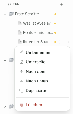 Fahren Sie mit der Maus über eine Seite, um die Aktionen Umbenennen, Unterseite, Nach oben, Nach unten und Duplizieren anzuzeigen. Nutzen Sie die drei Punkte, um weitere Optionen zu öffnen. Löschen Sie eine Seite über das Mülleimer-Symbol.
