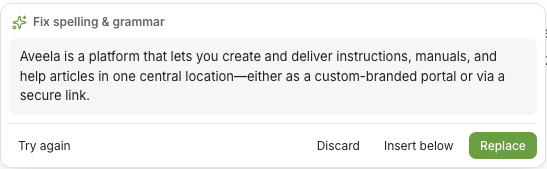 Select the text to be revised, then choose AI from the context bar, followed by Spelling & Grammar. Check the result in the preview pane and confirm with Replace.