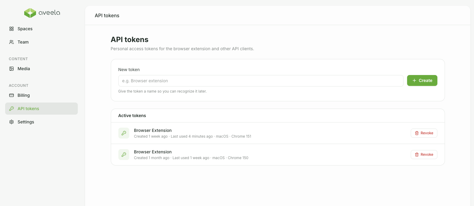 Go to Account → API Tokens. Under New Token, enter a name and select Create. Under Active Tokens, you can see existing tokens with their creation date and last usage. Revoke tokens as needed using Revoke.