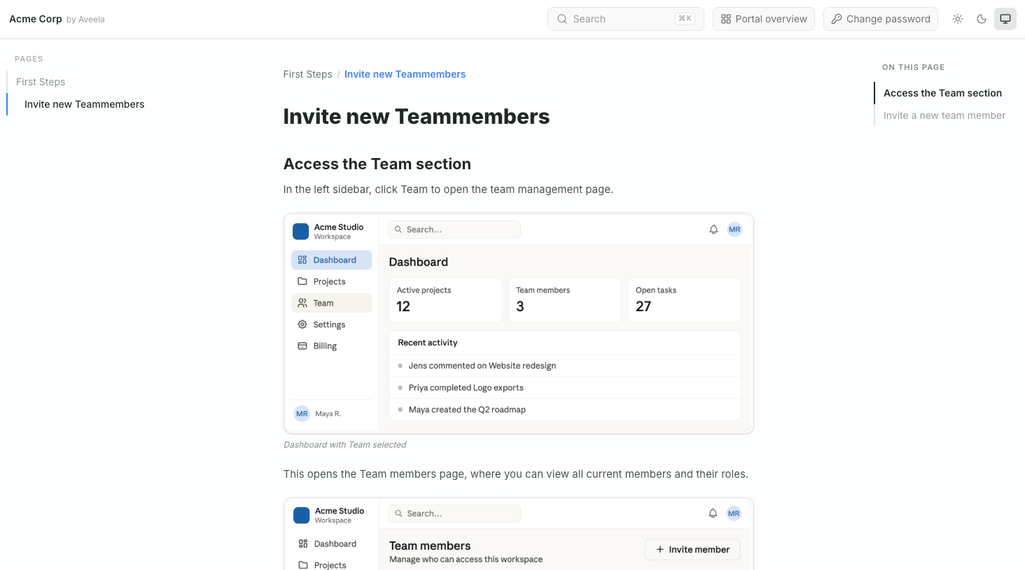 Click Team in the sidebar to navigate to the Team section. The dashboard displays the current number of team members along with additional information about projects and tasks.