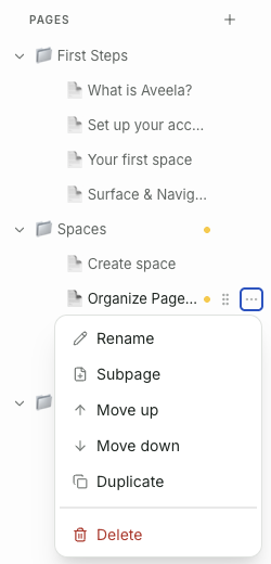 Hover over a page to display the actions Rename, Subpage, Move Up, Move Down, and Duplicate. Use the three dots to open additional options. Delete a page using the trash can icon.