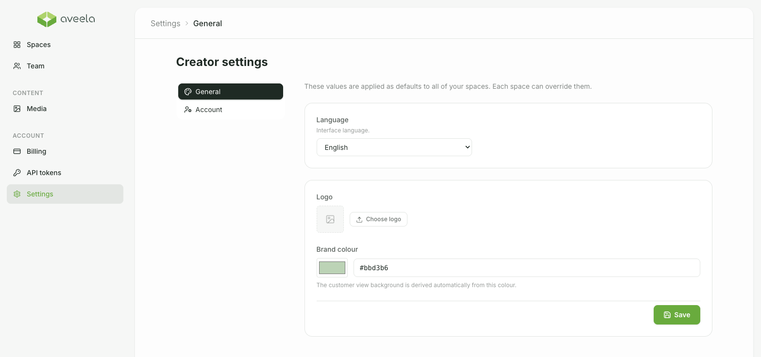 Go to Account → Settings and select the General tab. Here, set your logo using Select Logo and define the branding color either as a hex value or via the color picker. Confirm your changes by clicking Save.