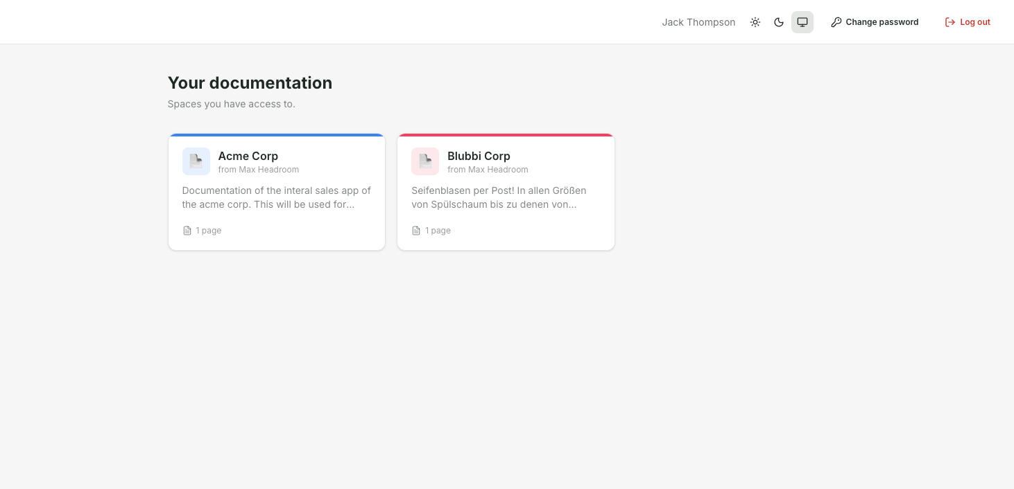 Click on one of the cards to open the respective documentation. The colored bar at the top indicates the currently selected Space.