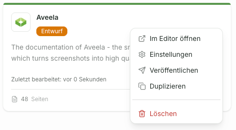 Öffnen Sie über das Menü ⋯ auf der Space-Karte die Optionen und wählen Sie Veröffentlichen, um den Status des Space zu ändern.