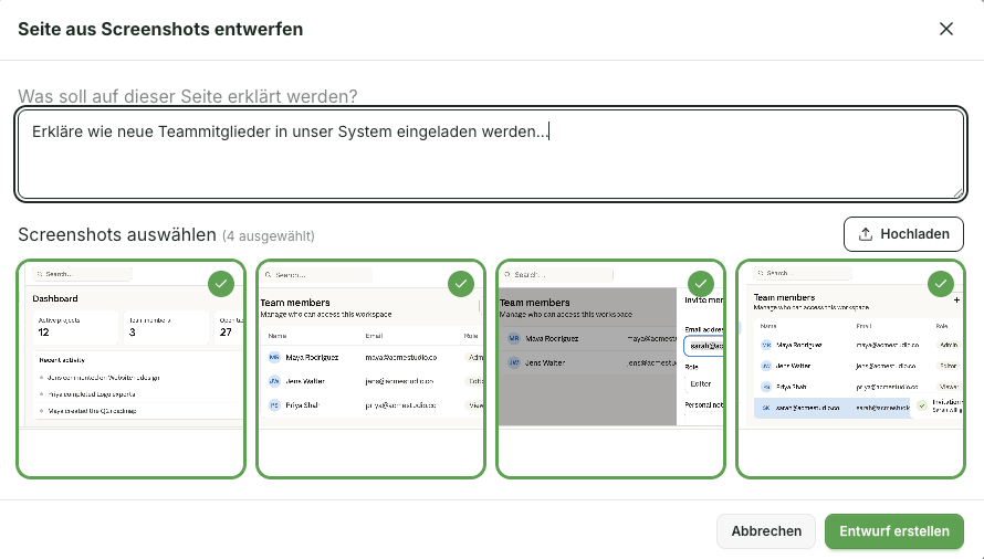 Laden Sie mindestens vier Screenshots hoch und beschreiben Sie im Feld Was soll auf dieser Seite erklärt werden? den Zweck der Seite. Starten Sie dann den Entwurf mit Entwurf erstellen.