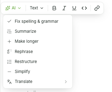 Select AI in the context bar, then choose one of the options such as Spelling & Grammar, Summarize, or Translate.