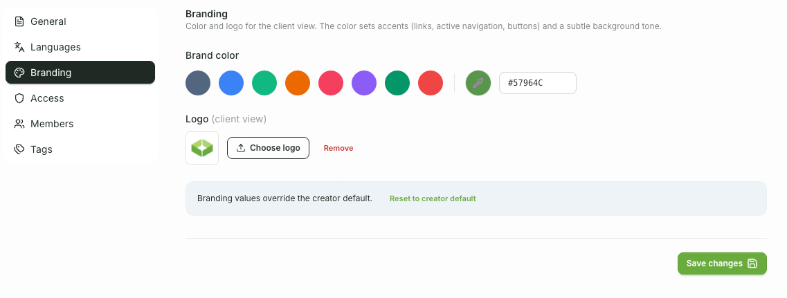 In the branding section, select a color from the preset options or enter a custom hex value. Upload a logo or remove the current one. Override the default branding values or reset them using "Reset to Creator default." Confirm your changes with "Save changes."