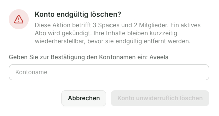 Geben Sie zur Bestätigung den Kontonamen Aveela in das Feld Kontoname ein. Wählen Sie dann Konto unwiderruflich löschen, um den Vorgang abzuschließen. Alternativ können Sie den Dialog mit Abbrechen verlassen.