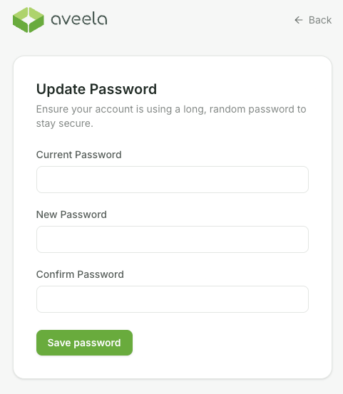 In the Update Password dialog, enter your current password, the new password, and the confirmation of the new password. Confirm the changes with Save Password.