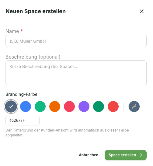 Tragen Sie im Dialog Neuer Space erstellen unter Name den Titel des Space ein. Fügen Sie optional eine Beschreibung hinzu und wählen Sie eine Branding-Farbe aus. Bestätigen Sie mit Space erstellen.