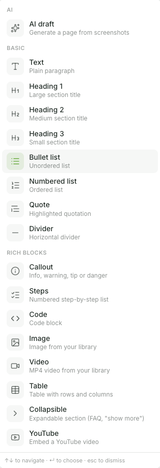 Select the desired block from the list of modules. Use the AI, Standard, and Special Blocks categories to filter for the right module. Confirm your selection with a click or the Enter key.