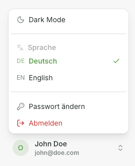 Wählen Sie im Profilmenü zwischen Dark Mode und Hellmodus, passen Sie die Sprache auf Deutsch oder Englisch an und ändern Sie Ihr Passwort. Melden Sie sich mit Abmelden vom Konto ab.
