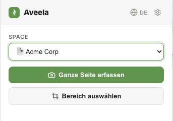 Wählen Sie im Dropdown-Menü Space den gewünschten Space aus. Klicken Sie auf Ganze Seite erfassen, um einen Screenshot der gesamten Seite zu erstellen, oder auf Bereich auswählen, um einen bestimmten Ausschnitt zu erfassen.