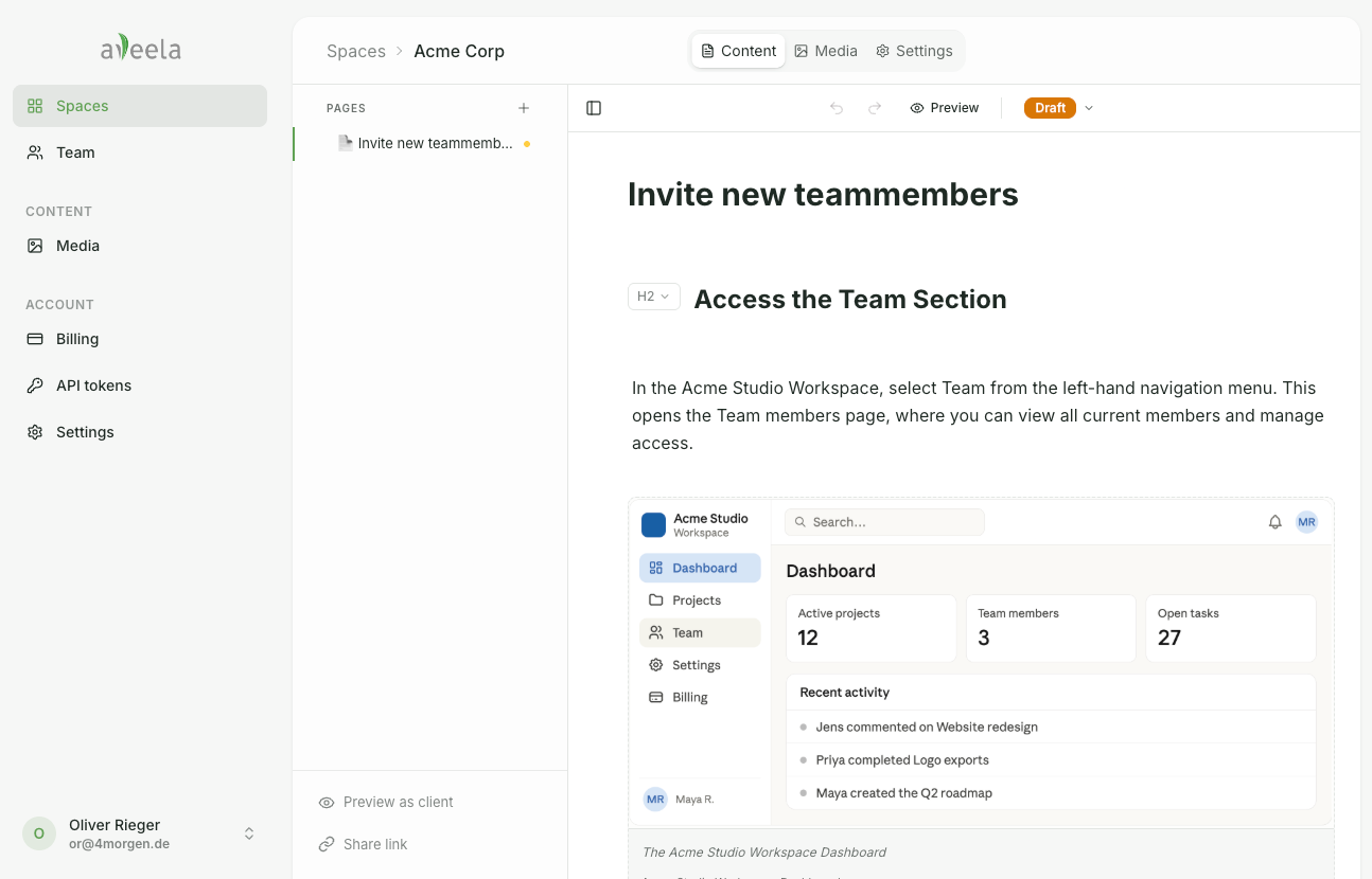 Wählen Sie im Space über die linke Navigation den Punkt Team aus. Hier sehen Sie alle aktuellen Mitglieder und können neue Teammitglieder über Invite new teammates hinzufügen.