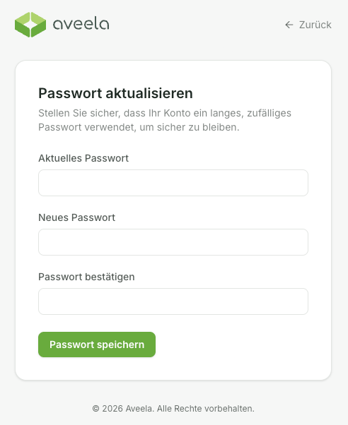 Geben Sie im Dialog Passwort aktualisieren Ihr aktuelles Passwort, das neue Passwort sowie die Bestätigung des neuen Passworts ein. Bestätigen Sie die Änderungen mit Passwort speichern.