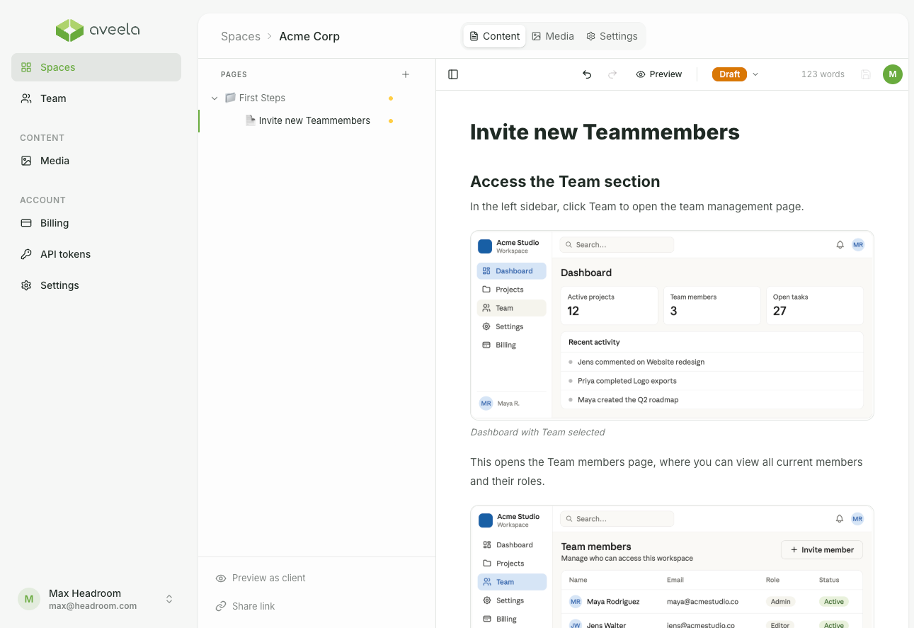 Wählen Sie im Space über die linke Navigation den Punkt Team aus. Hier sehen Sie alle aktuellen Mitglieder und können neue Teammitglieder über Invite new teammates hinzufügen.