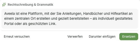 Markieren Sie den zu überarbeitenden Text und wählen Sie in der Kontextleiste KI und dann Rechtschreibung & Grammatik. Prüfen Sie das Ergebnis im Vorschaufeld und bestätigen Sie mit Ersetzen.