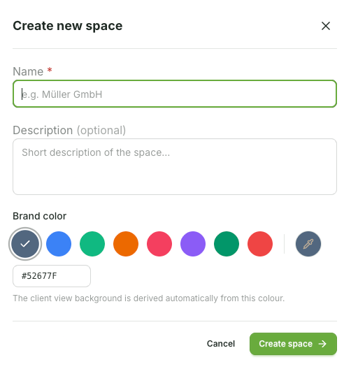 In the "Create New Space" dialog, enter the title of the Space under Name. Optionally, add a description and select a branding color. Confirm with Create Space.