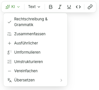Wählen Sie in der Kontextleiste KI und dann eine der Optionen wie Rechtschreibung & Grammatik, Zusammenfassen oder Übersetzen aus.