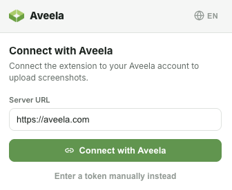 Enter your Aveela instance address in the Server URL field and click Connect to Aveela. Alternatively, you can enter the token manually.